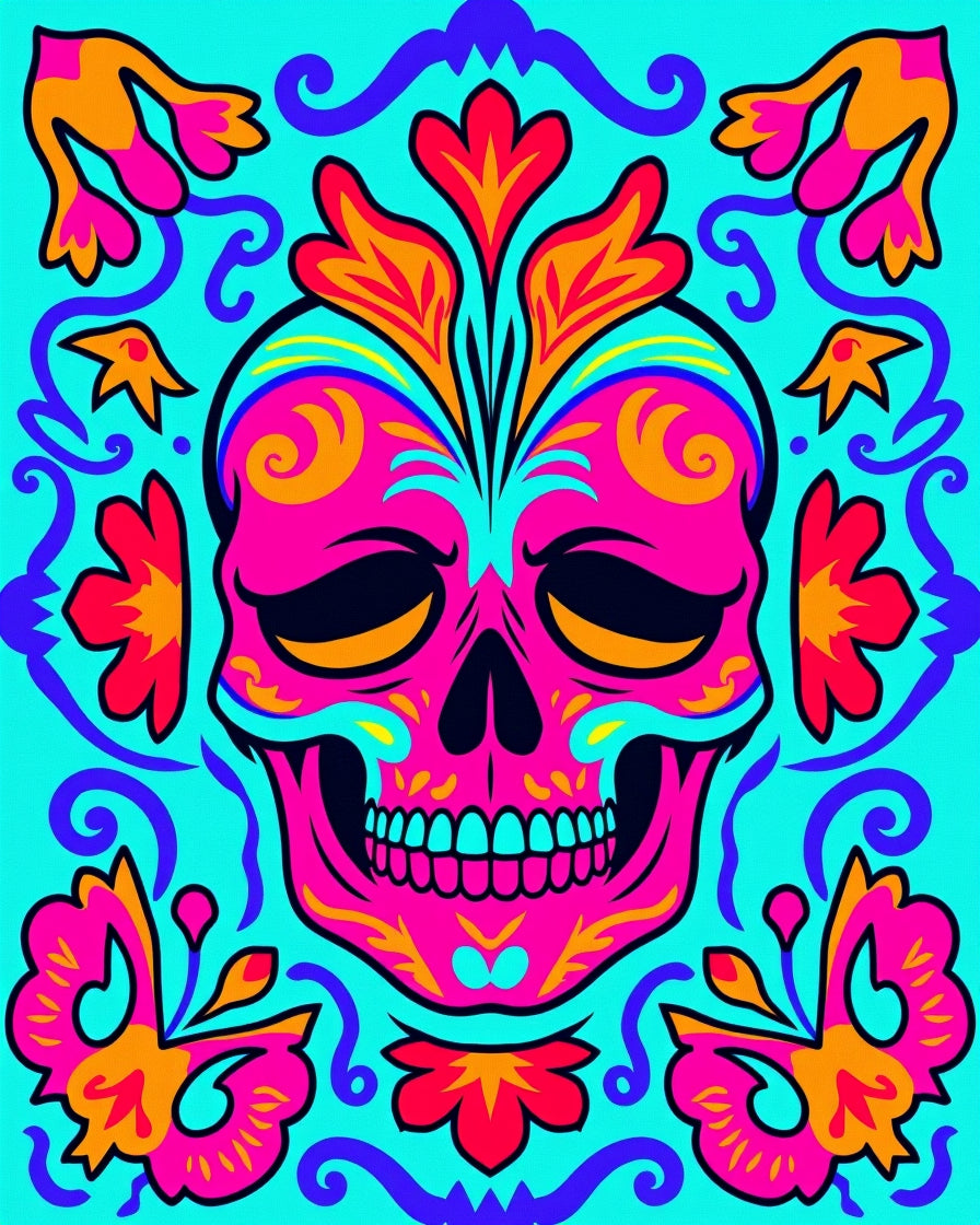 Vibrant Pink Skull Floral Border Rug