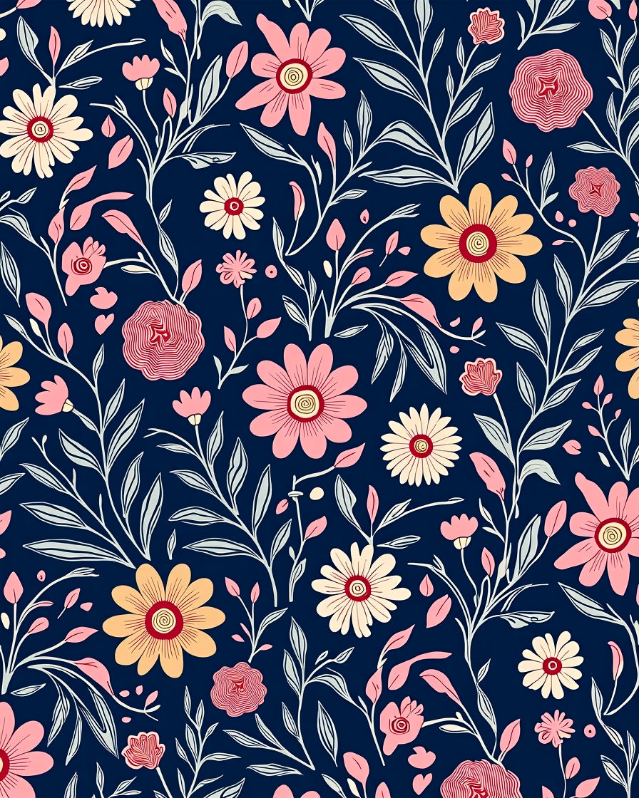 Vintage Floral Pattern On Navy Background Rug