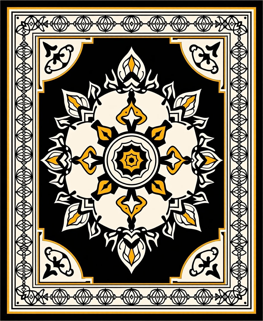 Black Yellow Floral Medallion Rug
