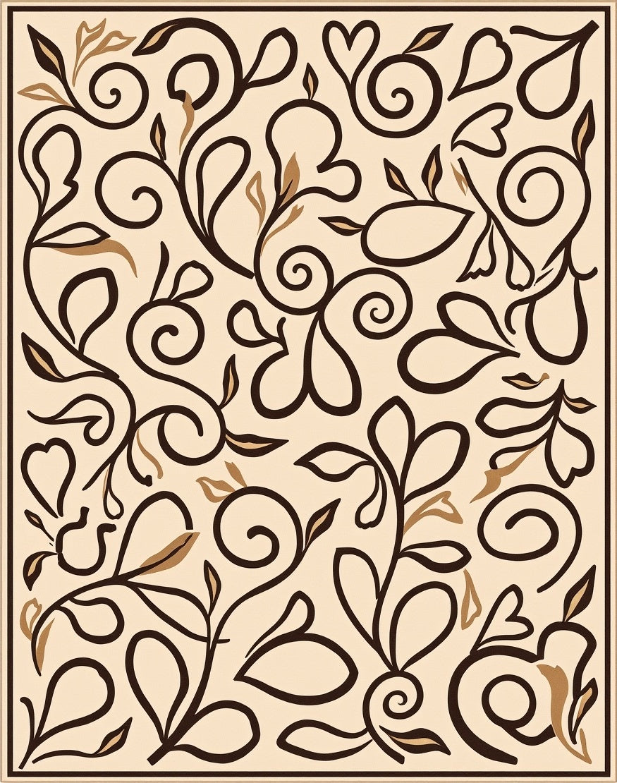 Elegant Brown Leaf Scroll Vine Design Rug