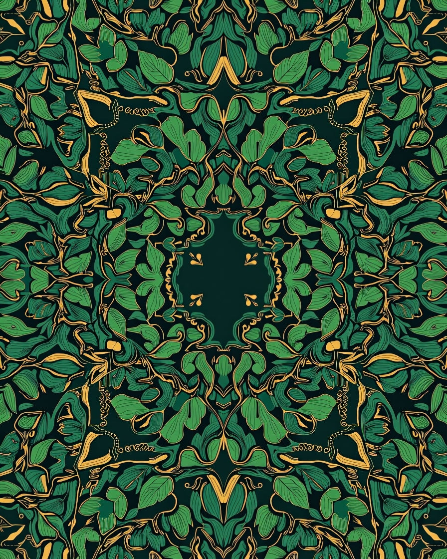 Emerald Green Gold Botanical Pattern Rug