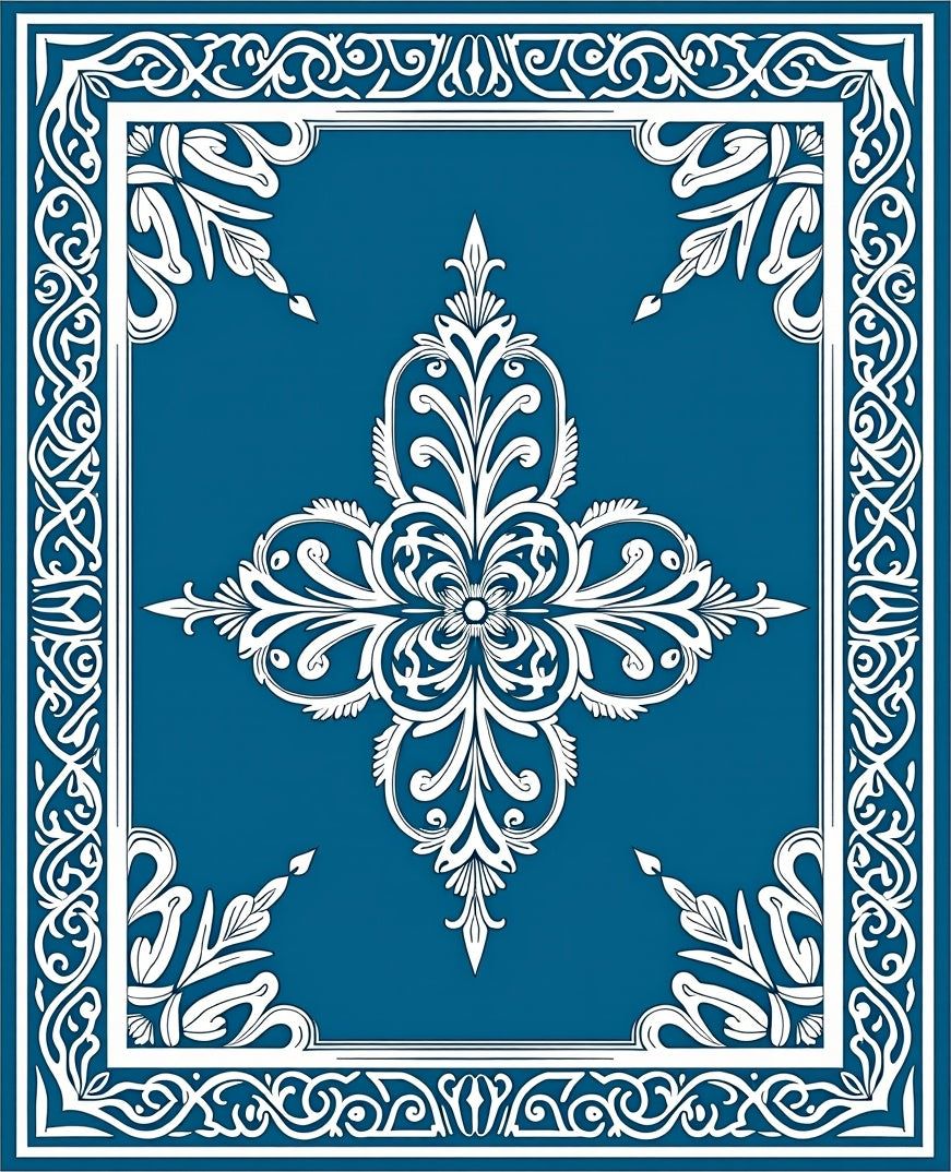 Ornate White Floral Blue Medallion Rug