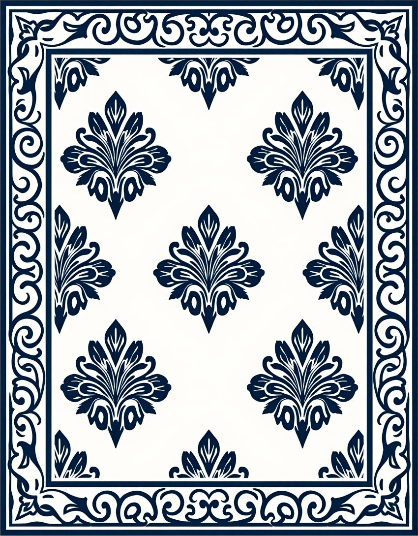 Classic Damask Floral Border Pattern Rug