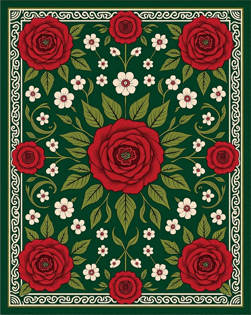 Emerald Green Red Rose Blossom Rug