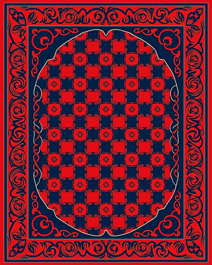 Red Blue Ornate Checkerboard Pattern Rug