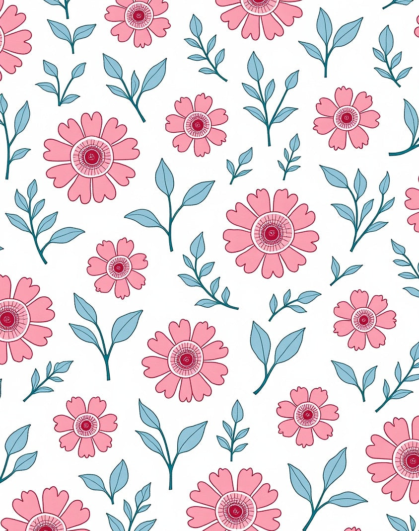 Pink Floral Pattern With Blue Leaves Rug