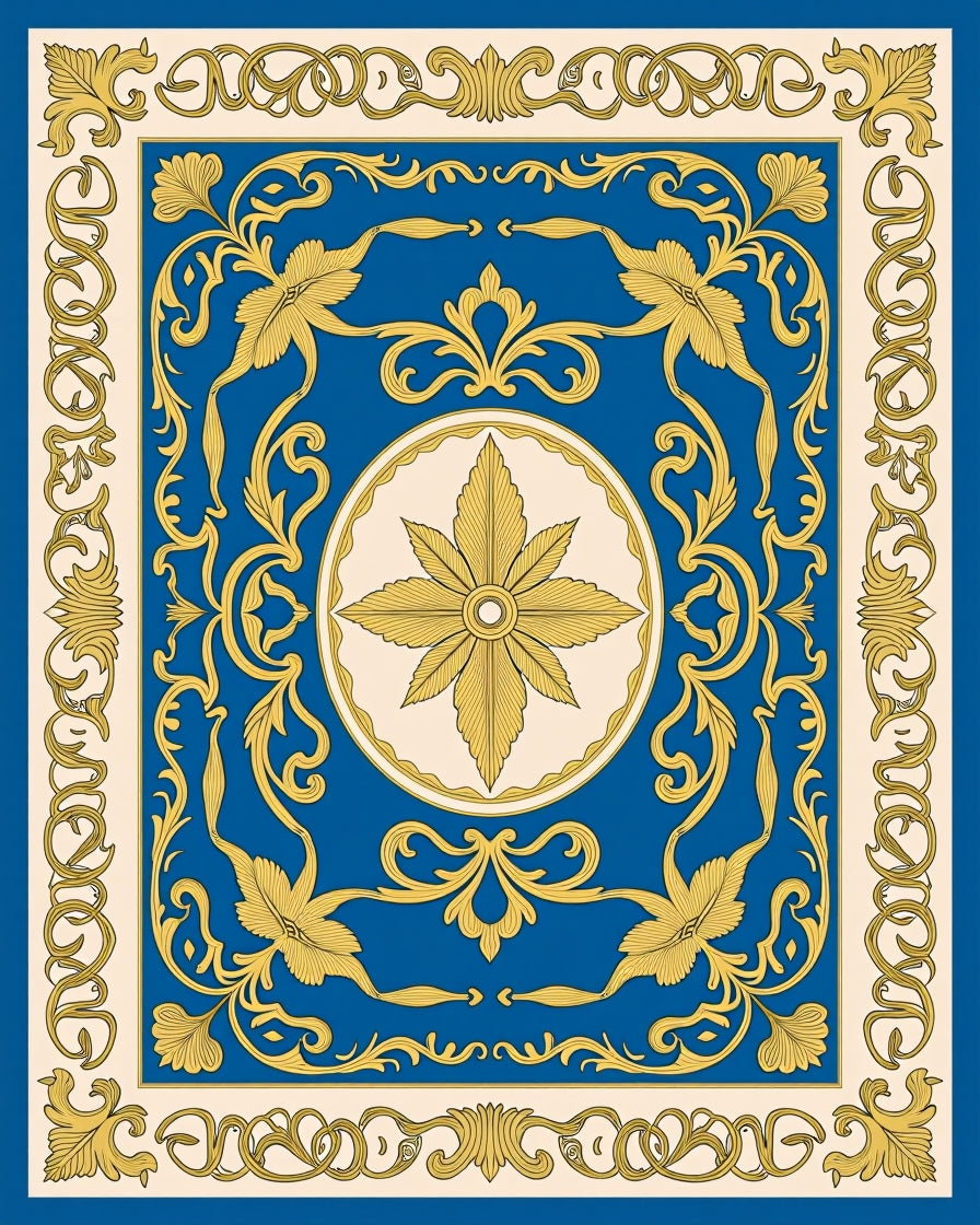 Blue And Gold Floral Scrollwork Rug