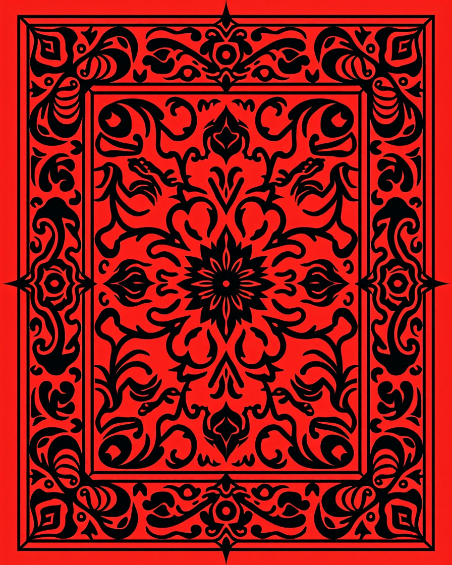 Intricate Red Black Floral Medallion Rug