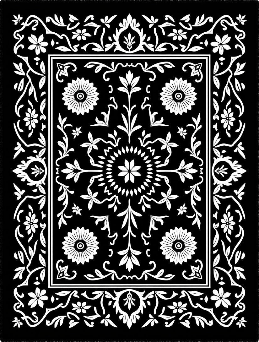 Black White Floral Scroll Medallion Rug