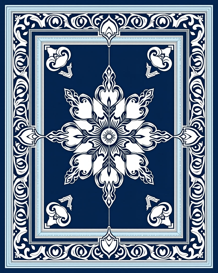 Intricate Floral Border Dark Blue Rug