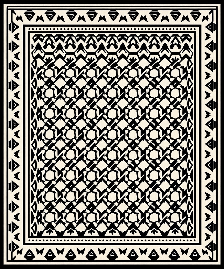 Complex Geometric Black and Cream Pattern Rug