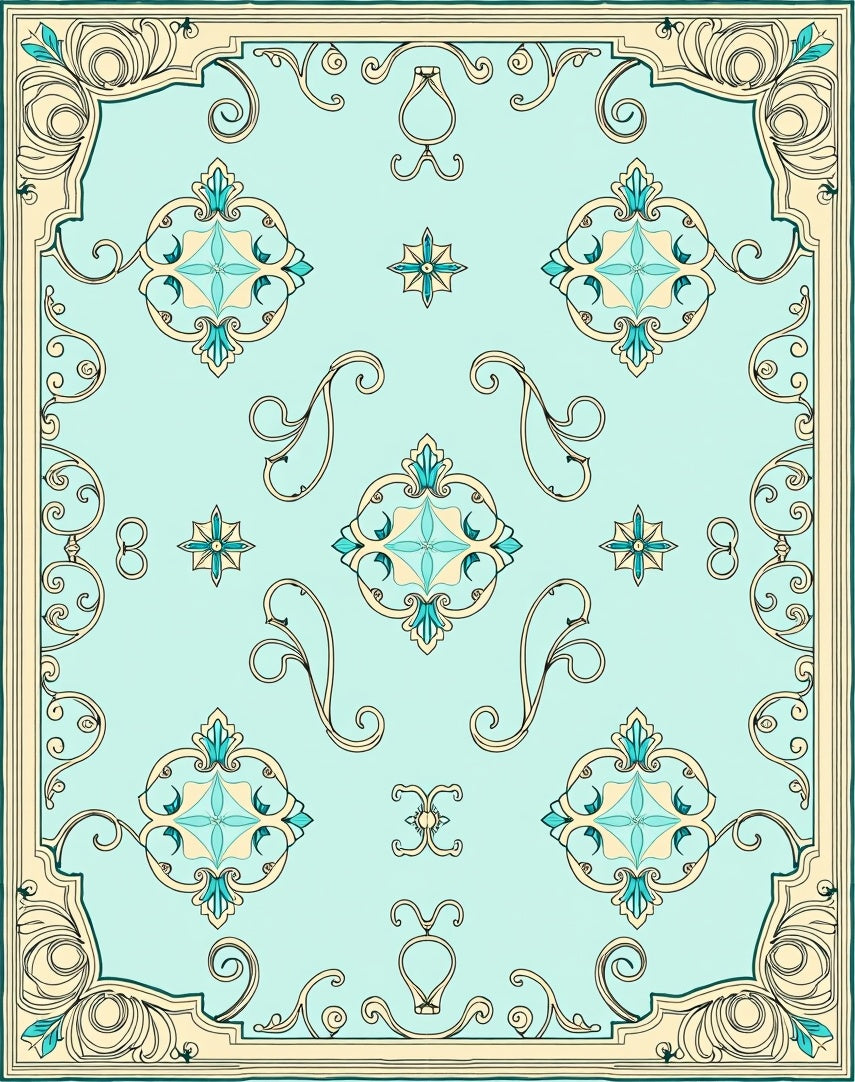 Aqua Teal Floral Medallion Art Nouveau Rug