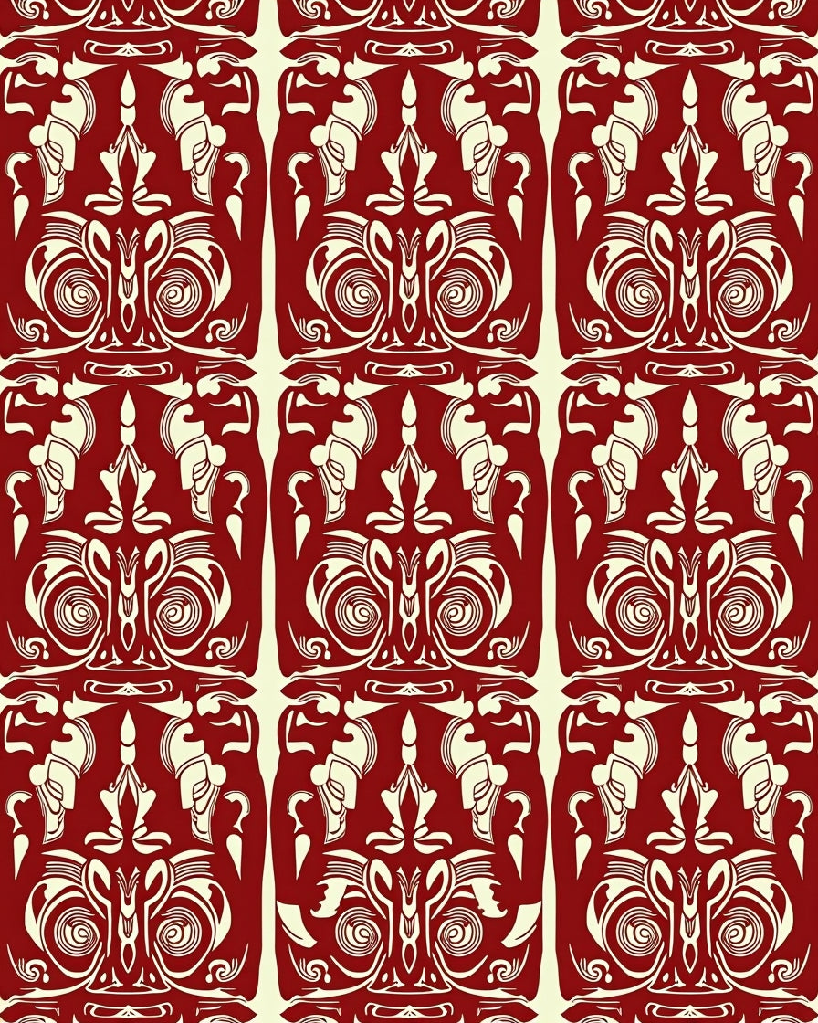 Crimson and Ivory Art Nouveau Floral Rug