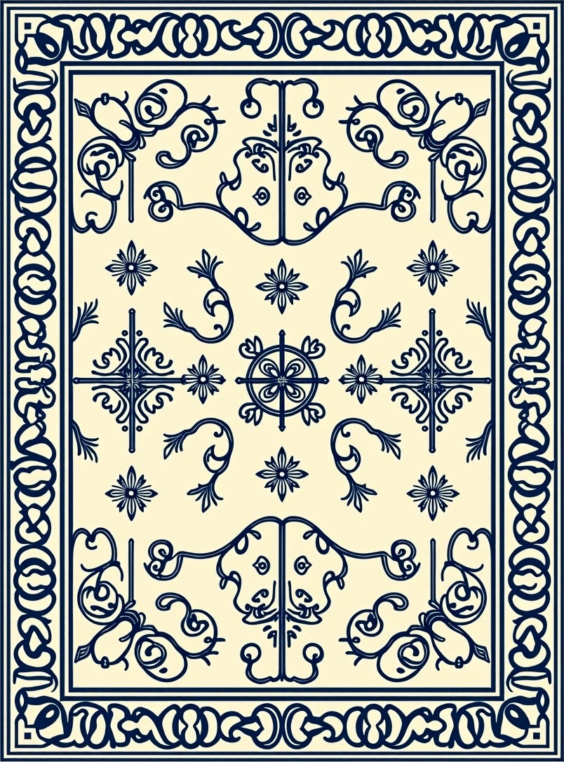 Navy Scrollwork Floral Pattern Rug