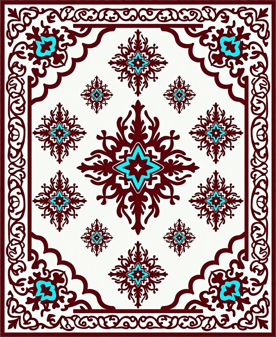 Ornate Burgundy Turquoise Floral Pattern Rug