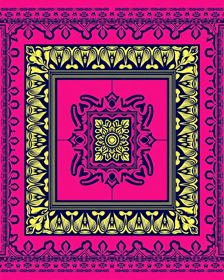 Hot Pink Yellow Symmetrical Mandala Rug