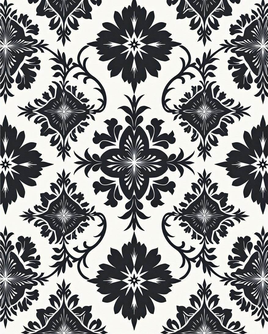 Black White Floral Damask Pattern Rug