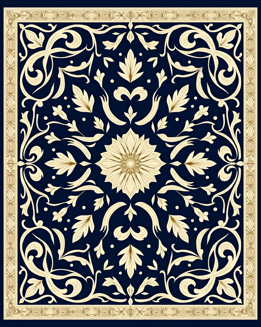 Ornate Floral Navy Cream Rug