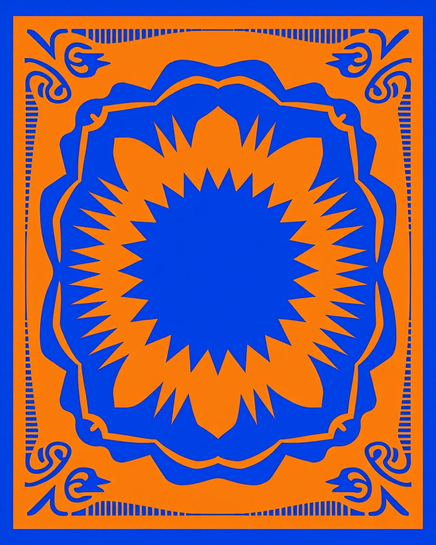 Bold Orange And Blue Sunburst Design Rug