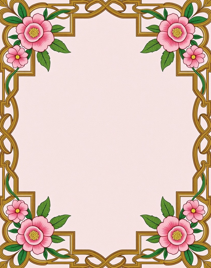 Ornate Pink Floral Gold Border Rug