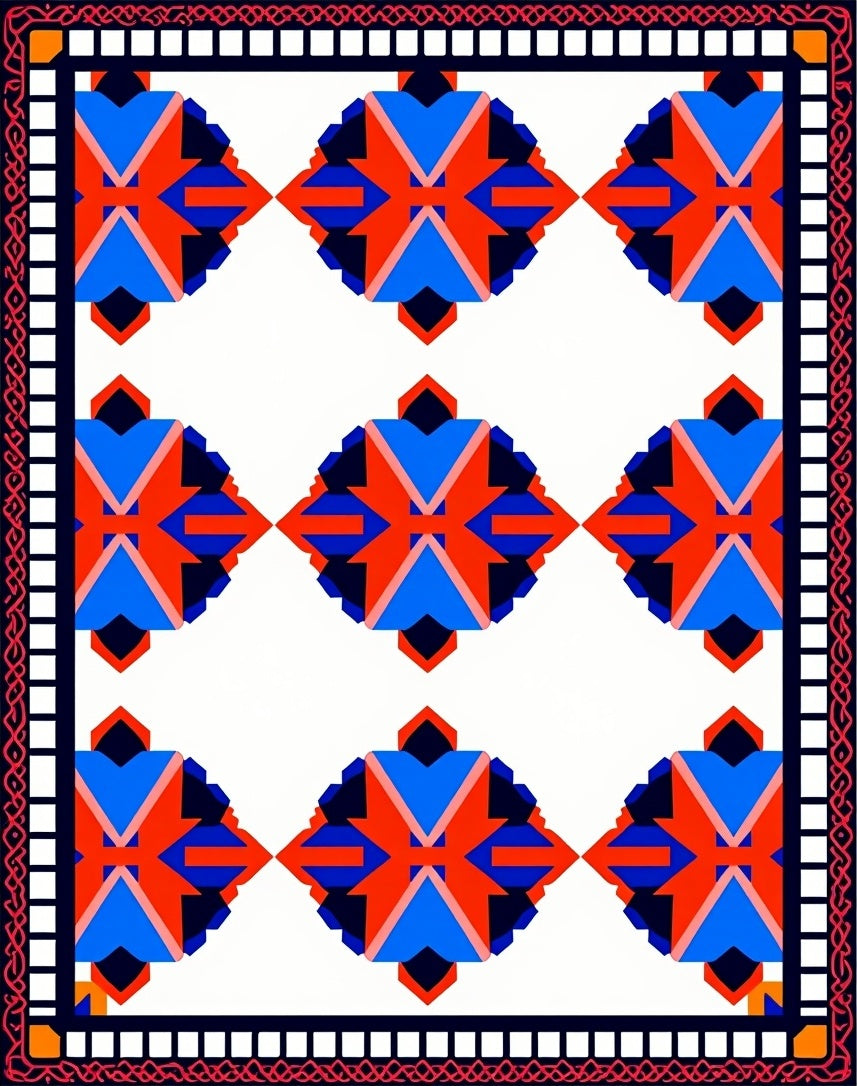 Bold Geometric Red Blue Diamond Pattern Rug