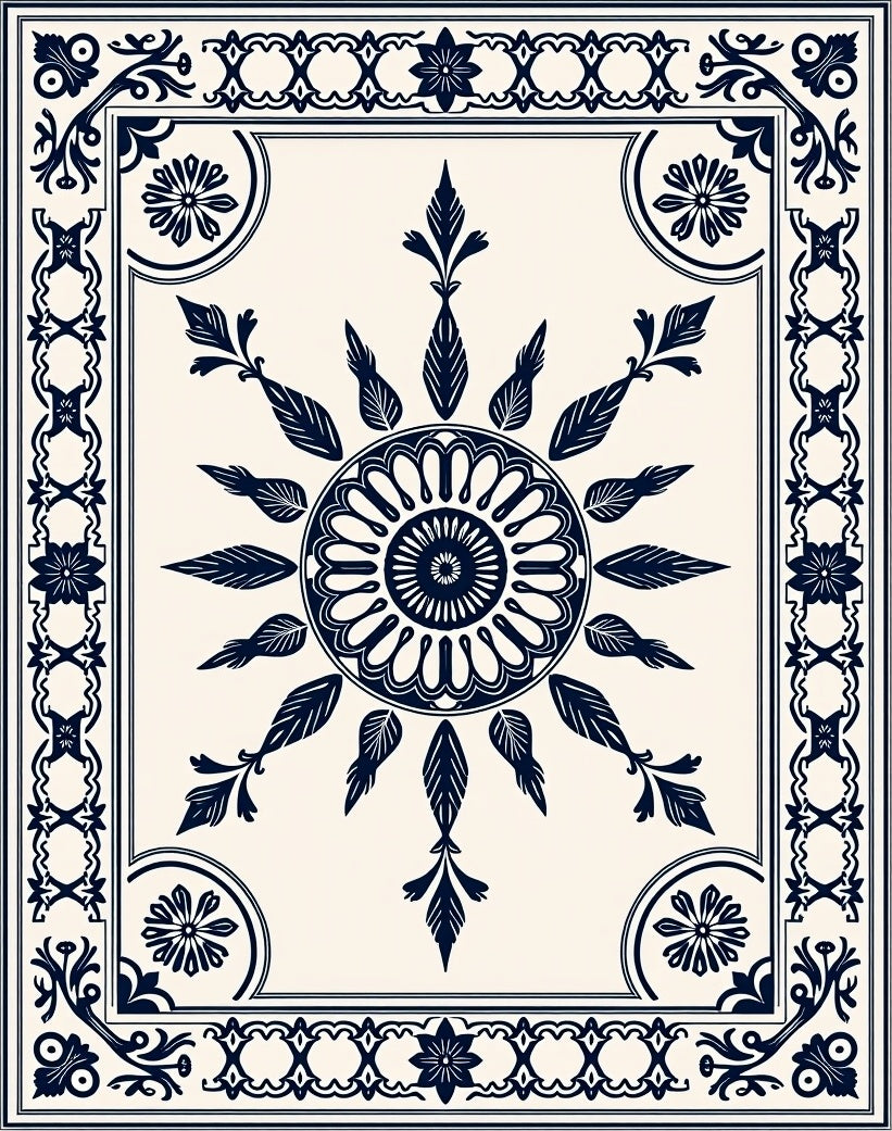 Navy Blue Floral Medallion Border Rug