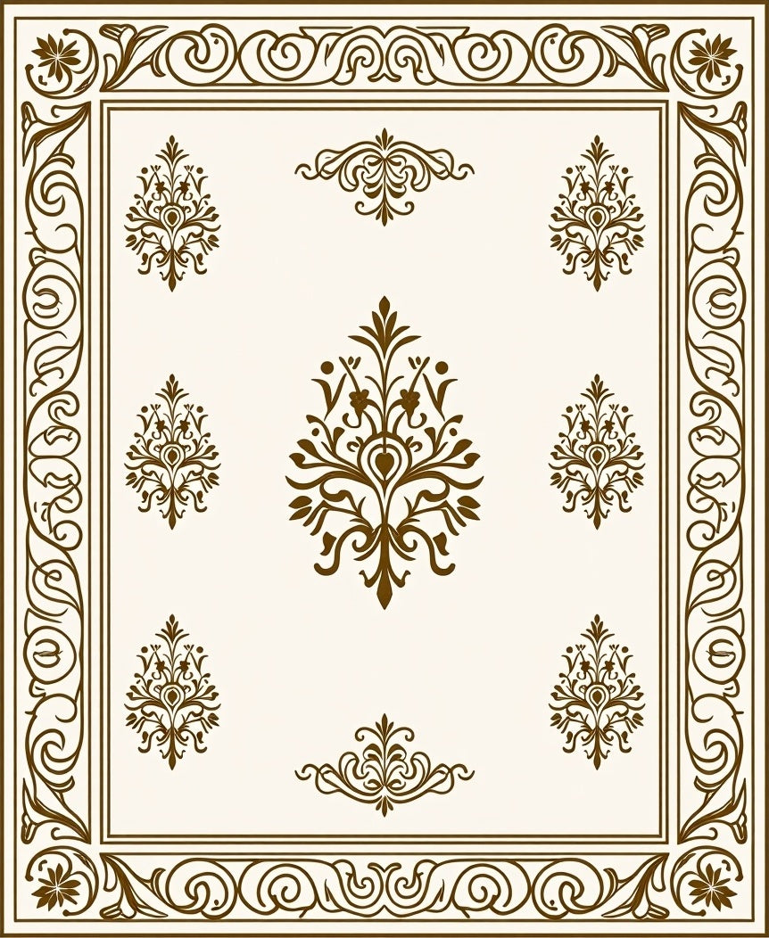 Ornate Brown Floral Damask Pattern Rug