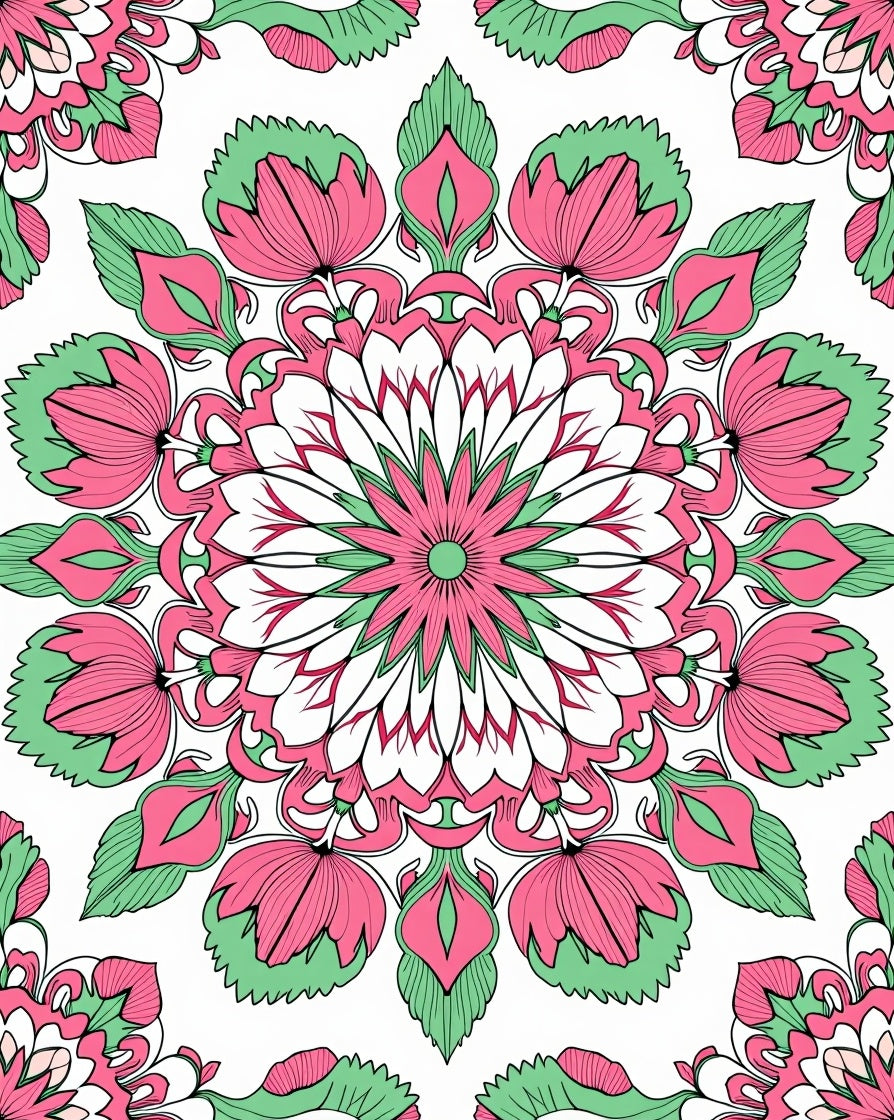 Pink Green Floral Mandala Pattern Rug