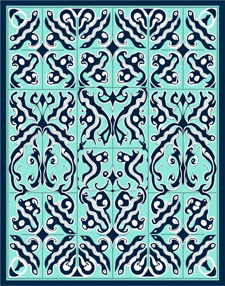 Teal Navy Abstract Tile Pattern Rug