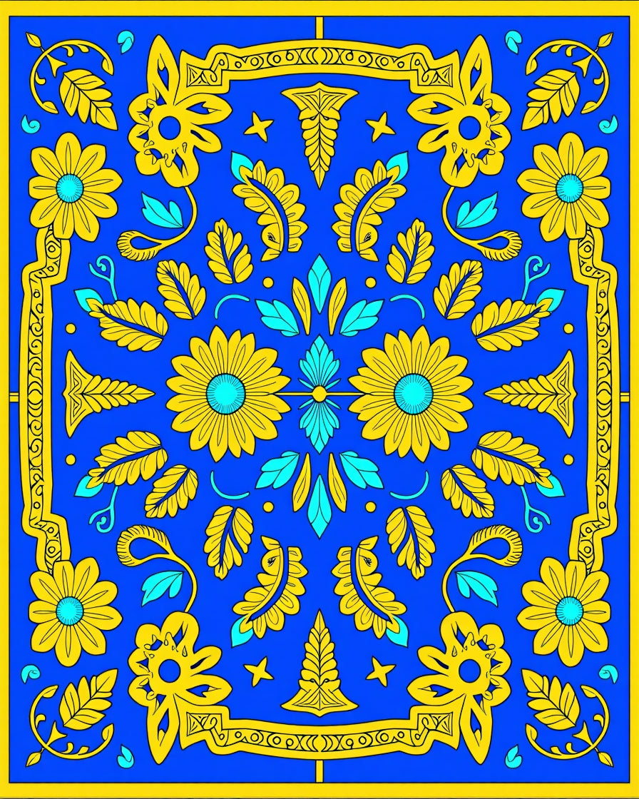 Bold Tropical Floral Blue Yellow Pattern Rug