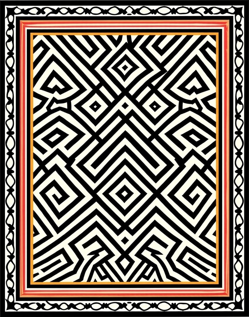 Bold Black White Geometric Maze Pattern Rug