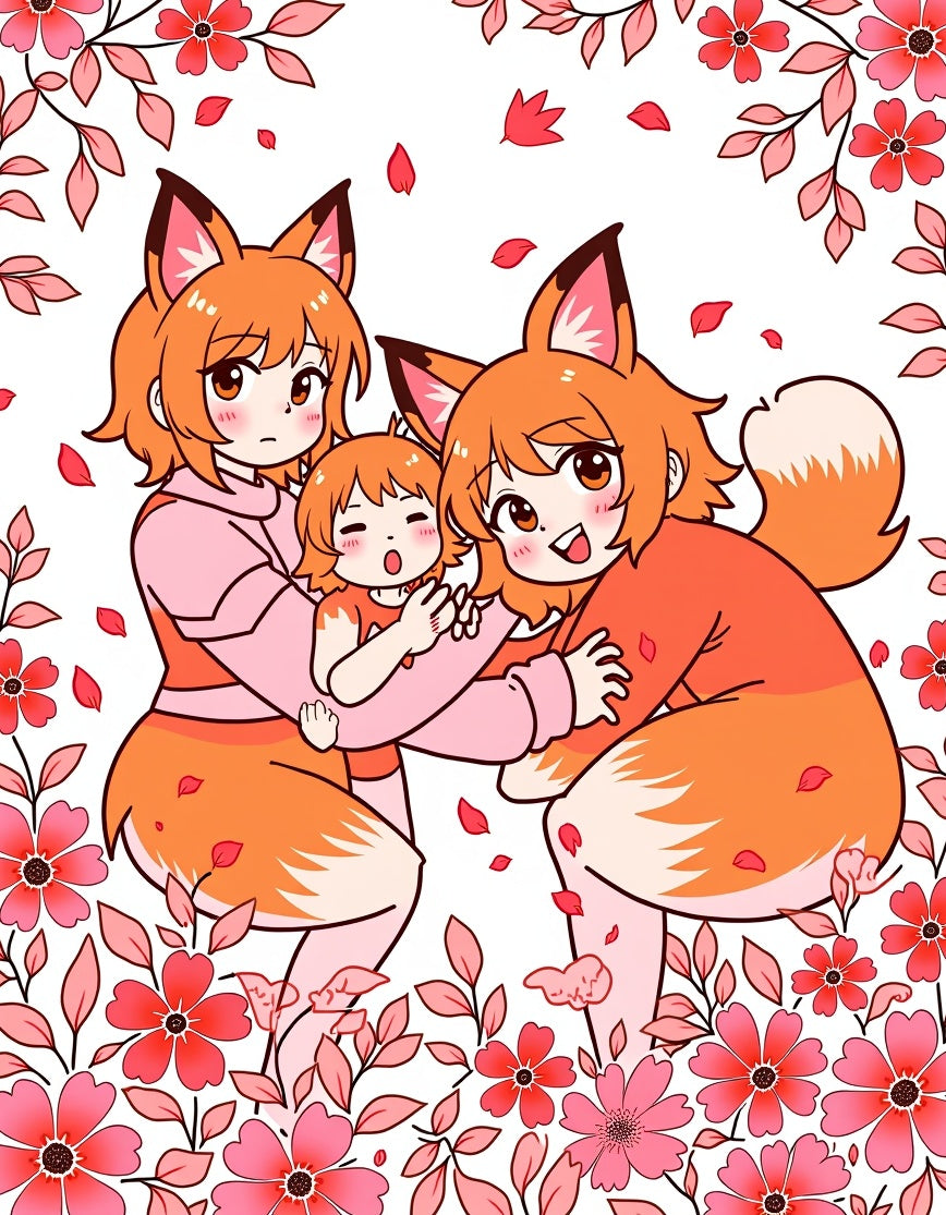 Enchanted Fox Family Floral Print Rug