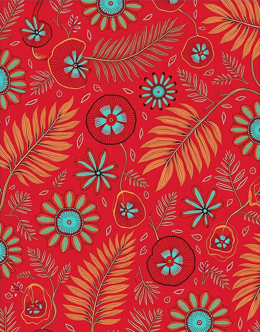 Vibrant Red Floral Fern Pattern Rug