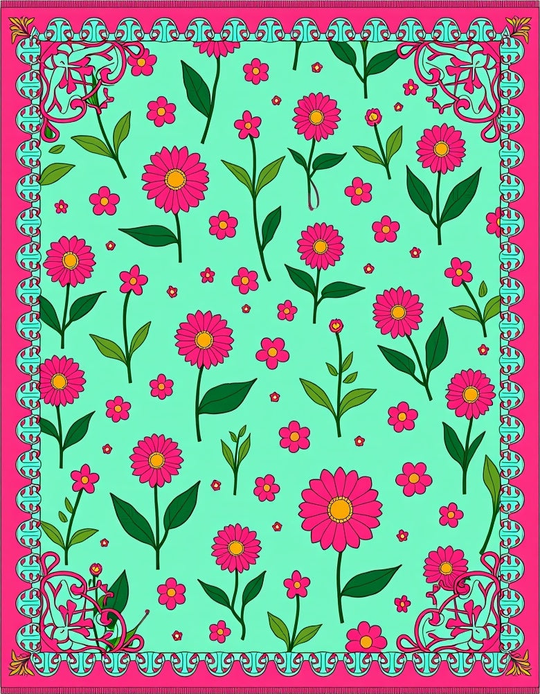 Vibrant Pink Daisy Garden Teal Rug