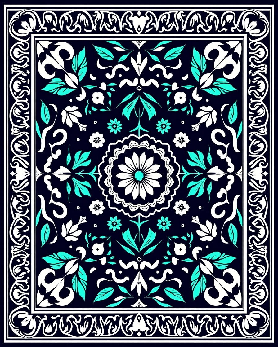 Ornate Teal White Floral Medallion Rug
