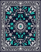 Ornate Teal White Floral Medallion Rug