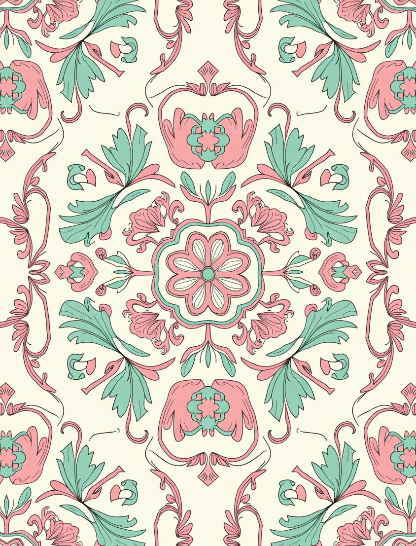 Floral Scrollwork Pink Mint Pattern Rug