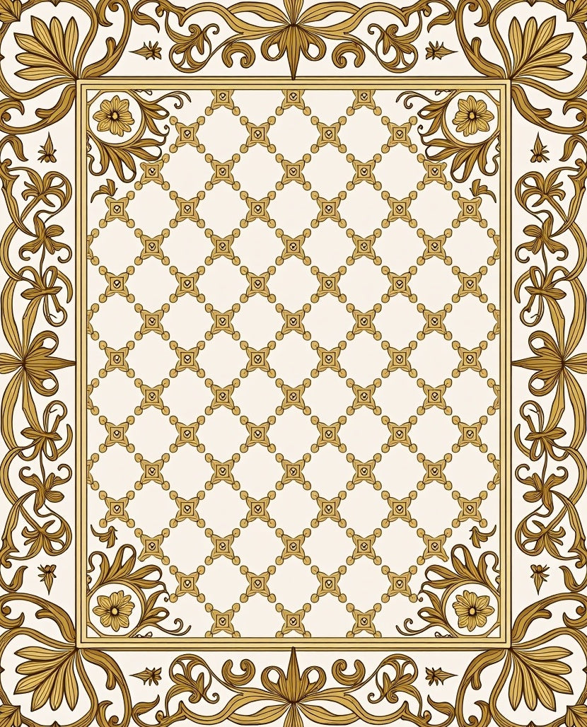 Ornate Gold Lattice Floral Border Rug
