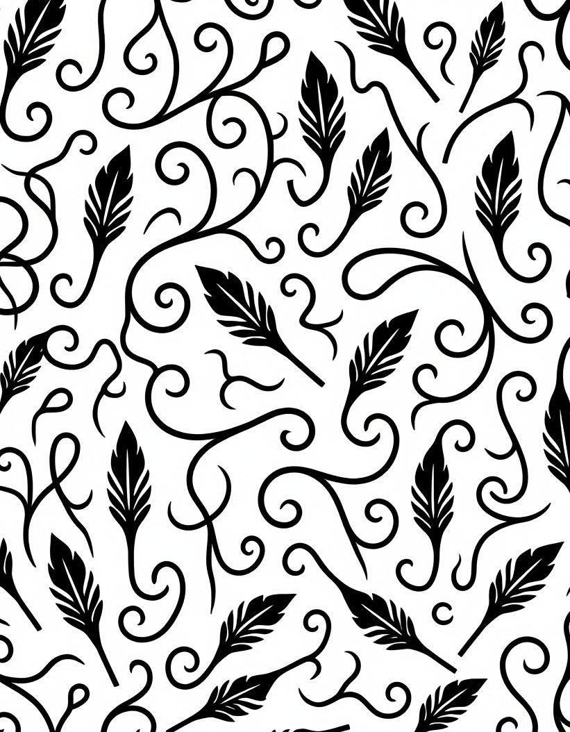 Black White Feather Vine Swirl Design Rug