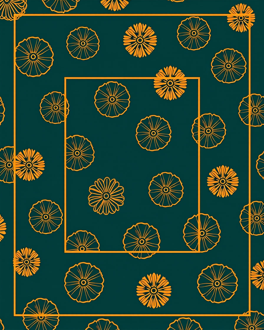Orange Floral Pattern On Deep Teal Rug