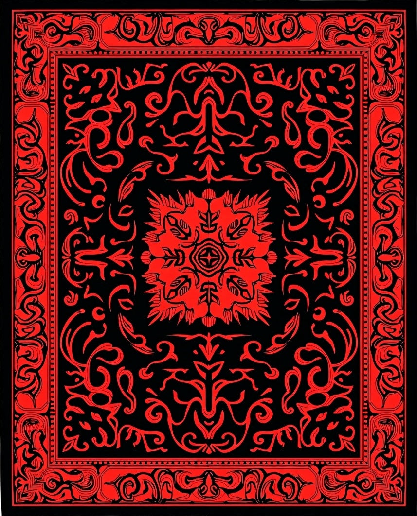 Red Black Ornamental Flourish Rug