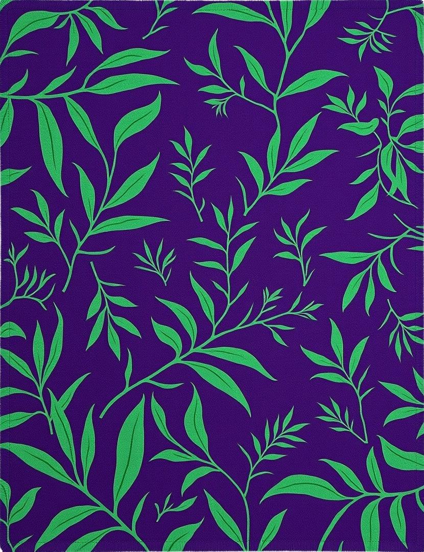 Vibrant Green Leaf Swirls on Purple Rug