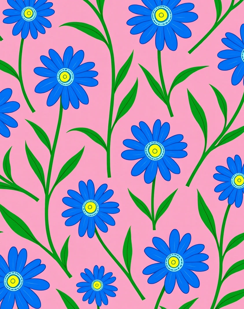 Whimsical Blue Floral Pink Garden Rug