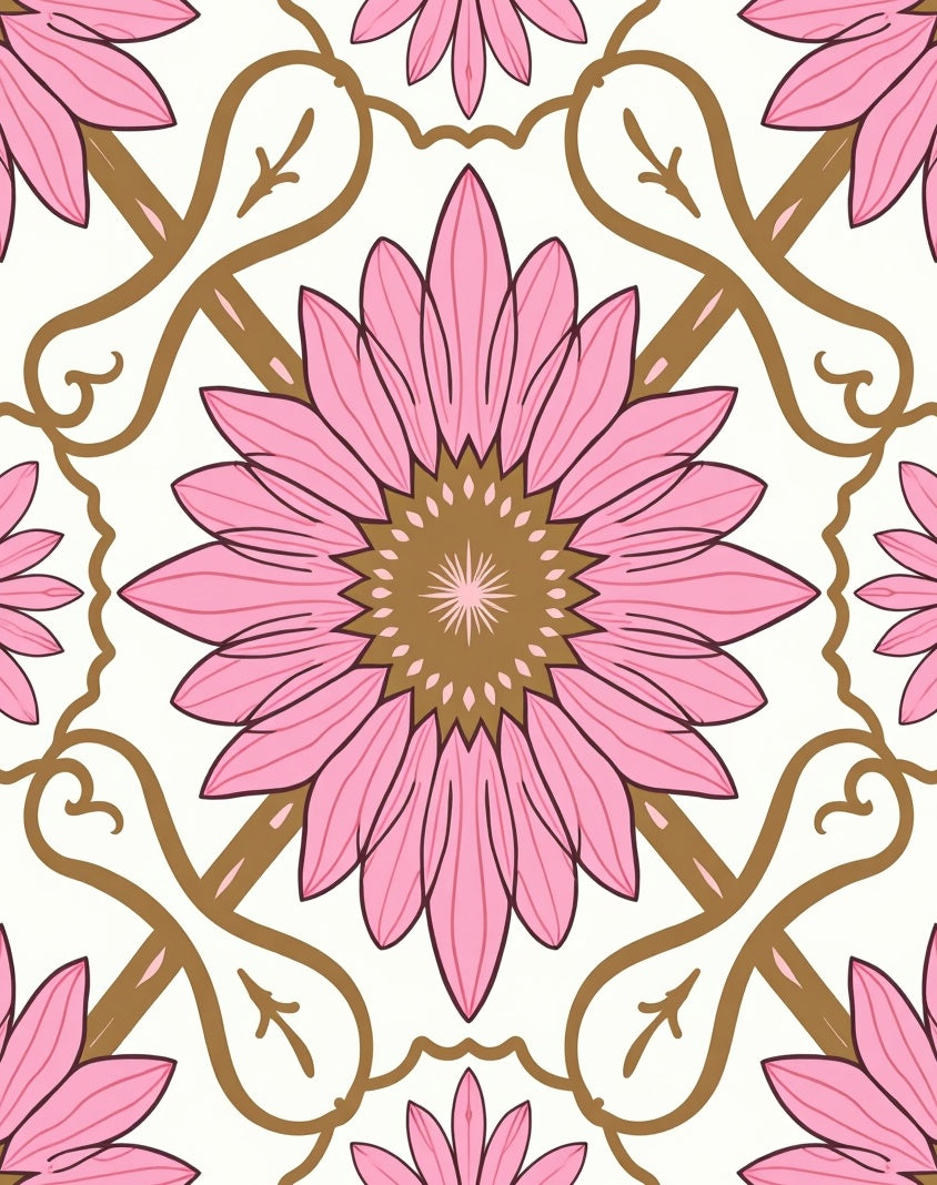 Ornate Floral Pattern Pink Golden Rug