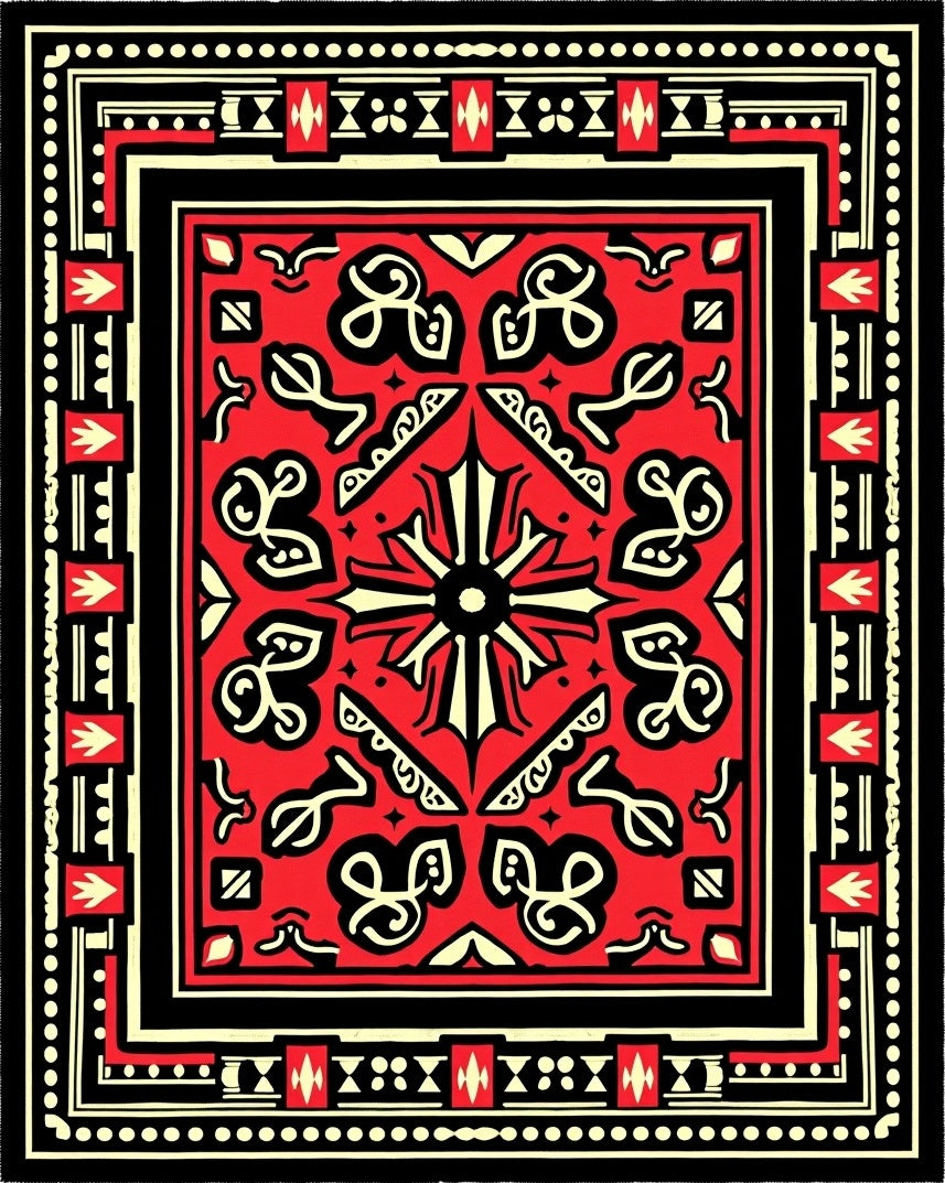 Bold Red Black Floral Motif Rug