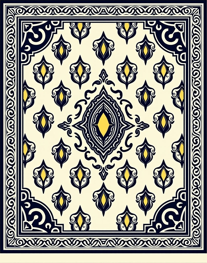 Elegant Yellow Teal Black Floral Design Rug