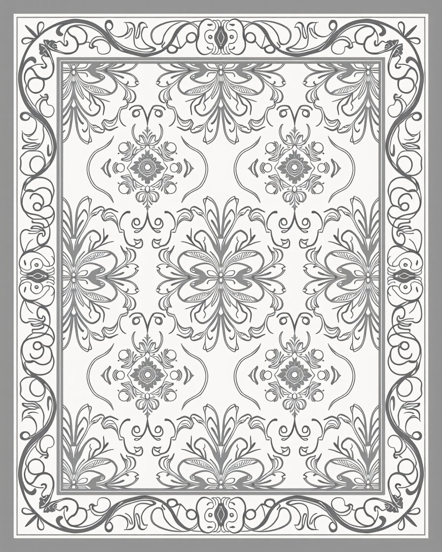 Ornate Floral Gray Border Design Rug