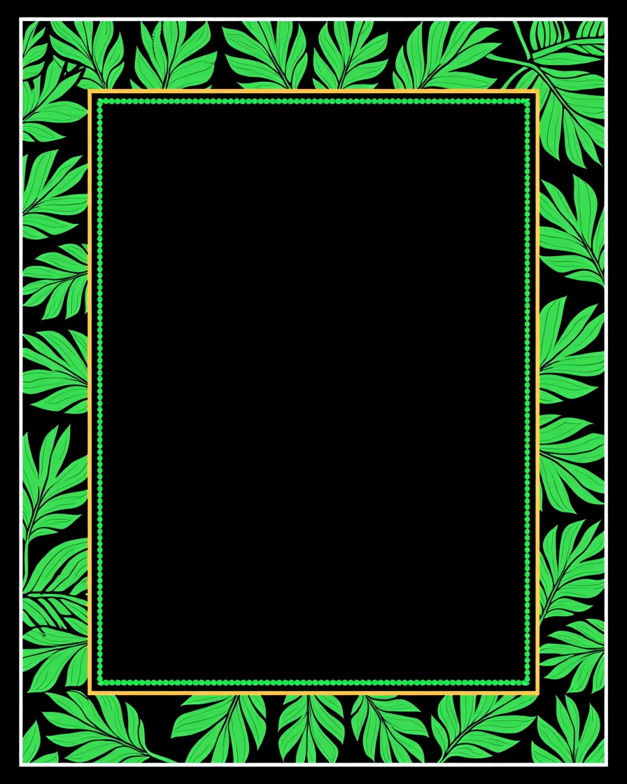 Green Leaf Bordered Black Pattern Rug