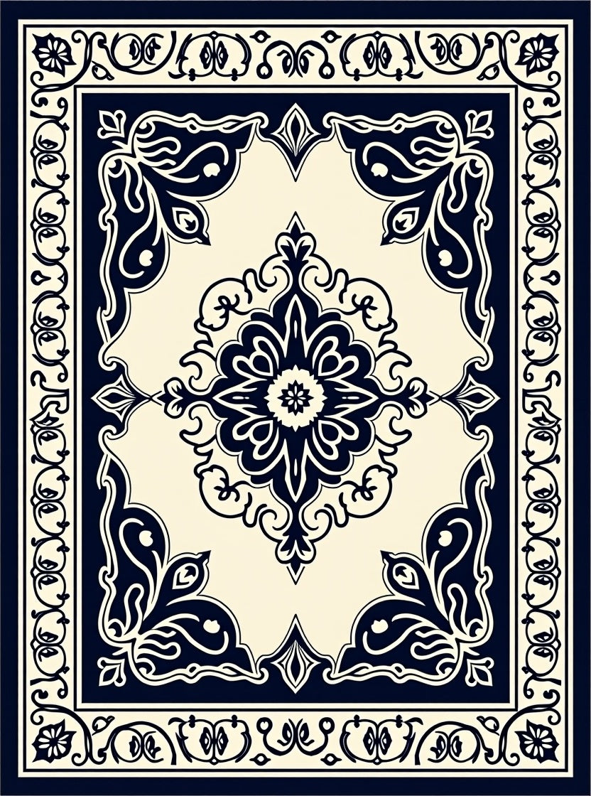 Classic Dark Navy Ivory Floral Medallion Rug