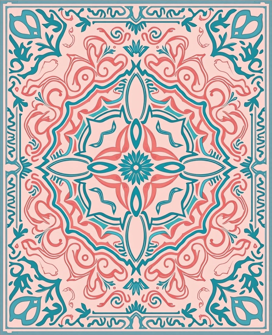 Coral Teal Floral Mandala Design Rug
